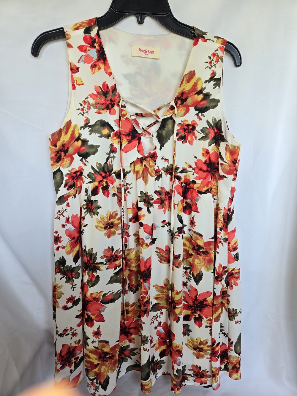 Peach Love California White Floral Lace-Up Dress with Red and Yellow Blooms